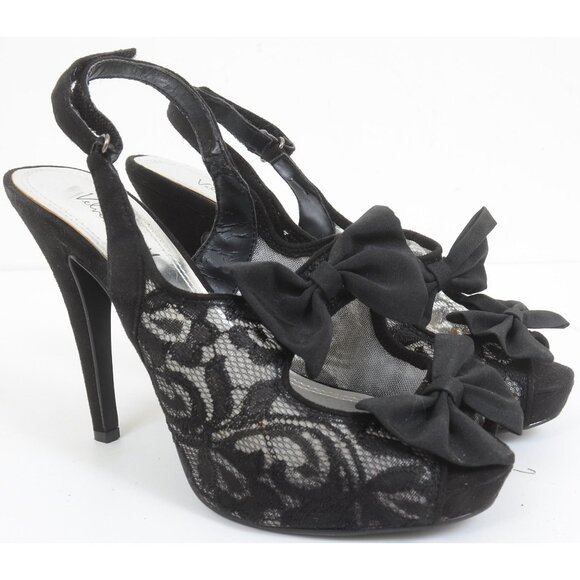 Velvet Heart Lace Bows Retro Peep Toe Platform Heels Goth Dark Fairy Women's 8M - Picture 1 of 9